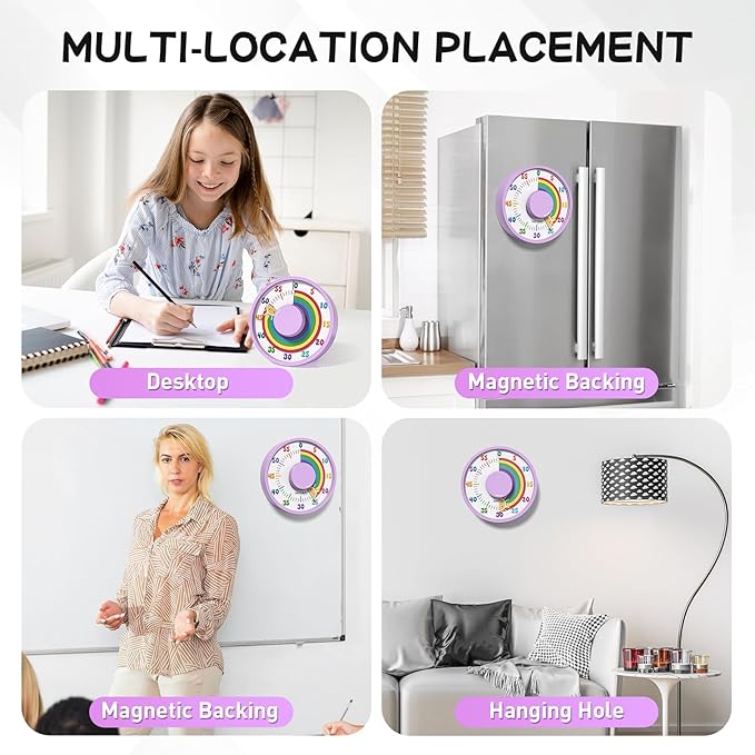 Secura 60-Minute Rainbow Visual Timer 6-Inch Mechanical Countdown Timers for Teaching, Meeting, Cooking, Working - Timer for Kids with Magnetic Backing (Purple)