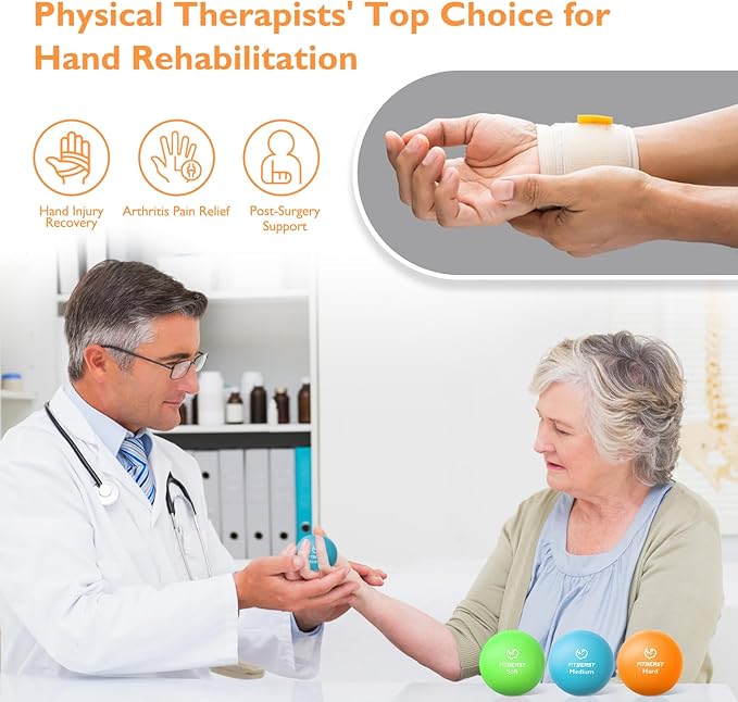 FitBeast Stress Balls for Adults, 6-Pack Hand Therapy Balls, Soft, Medium, Hard Tri-Density, Green, Orange, Blue