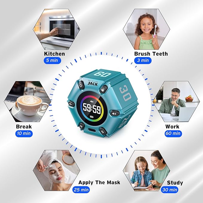 Pomodoro Timer, Magnetic Visual Timer with Flip Countdown, Silent & Alarm, Tools for Anyone, Cube Digital Timer for for Work, Kitchen Cooking, Study, 3/5/10/25/30/60min & Custom Countdown - Turquoise