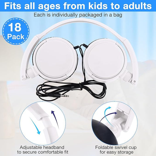 Yunsailing 18 Pack Classroom Headphones Bulk Student Wired Class Headphones Set for Kids School with Individually Wrapped Adjustable Over Ear Head Earbuds(White)