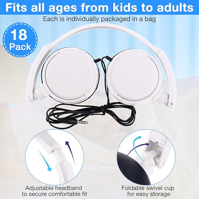 Yunsailing 18 Pack Classroom Headphones Bulk Student Wired Class Headphones Set for Kids School with Individually Wrapped Adjustable Over Ear Head Earbuds(White)