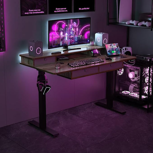 Adjustable Height Standing Desk with 4 Drawers,55 x 30 inches Electric Sit Stand Home Office Desk with Two Tiers, 3 Memory Presets, Monitor Stand Riser, USB A/C Charging Port