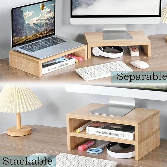 TEAMIX Wood Monitor Stand Riser - 2 Pack Adjustable Dual Monitor Riser for Laptop/PC