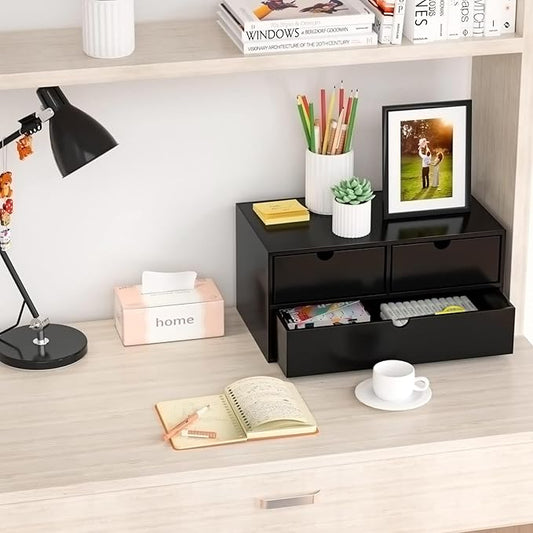 Wisuce Bamboo Desk Organizer - Mini Bamboo Desk Drawer Tabletop Cosmetic Storage Organization for Office or Home Black