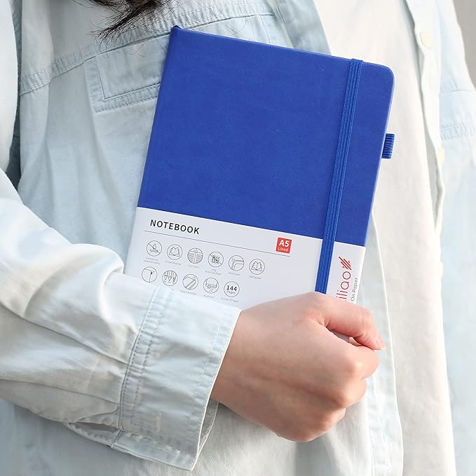 Deziliao Lined Journal Notebooks with Pen Loop, Hardcover Notebook Journal for Work, 100Gsm Premium Thick Paper with Inner Pocket, Medium 5.7"x8.4", (Blue, Ruled)