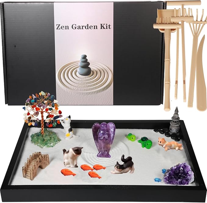 Zen Garden for Desk, with Crystals and Healing Stones & Cat Figurines, Miniature Meditation Sand Garden Stress Relief Desk Decor, Tools for Relaxation and Mindfulness