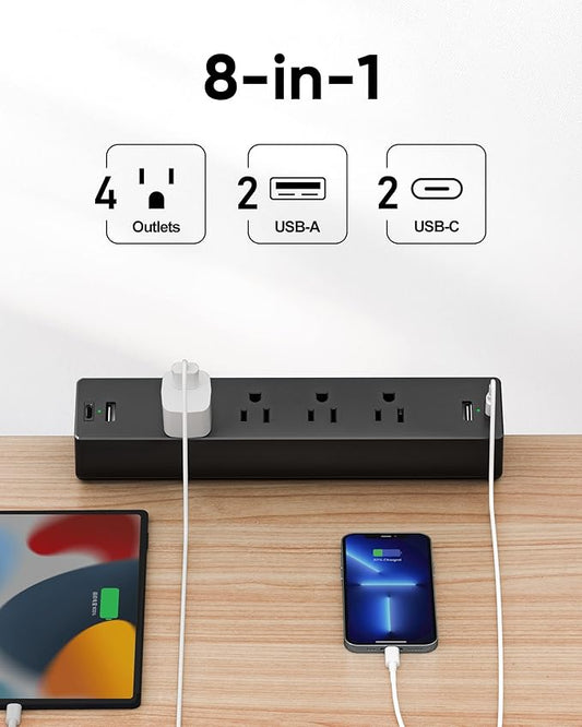 Desk Clamp Power Strip, 1875W Surge Protectors with 2 USB A, 2 USB C Ports, 4 AC Outlets, Desk Mount Charging Station, Fit 1.7 inch Tabletop Edge Thick, Desktop Outlets for Home Office.
