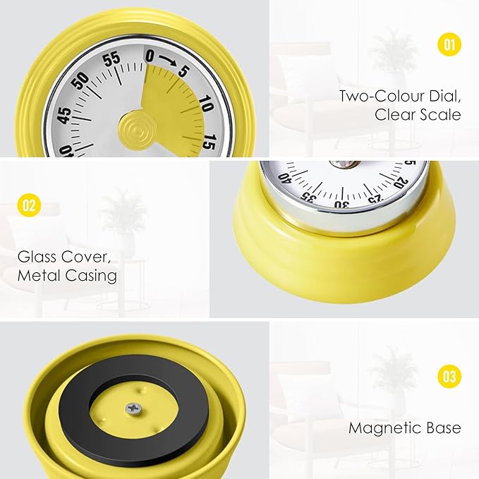 Visual Timer, Teeloray 60-Minute Countdown Timer, Kitchen Timer with Magnetic Base, Mechanical Clockwork, Ringer Alert, Time Management Tool for Children and Adults, Study/Work/Cooking (Yellow)