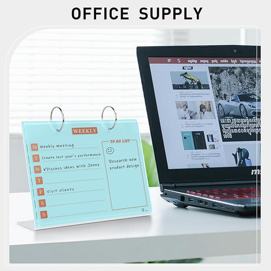 Desktop Glass Dry Erase & Acrylic Aesthetic Calendar Weekly to-do List Combo, Small Magnetic Standing Whiteboard, Desk Flip Easel Calendar with Accessories for Home Office Supply, Teal Blue, 9 x 7''