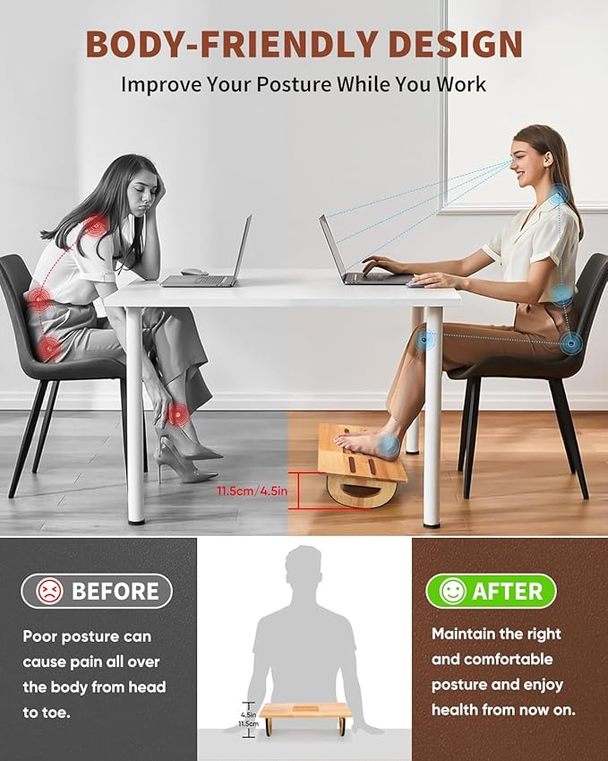 ONUEMP Foot Rest for Under Desk at Work, Wooden Small Foot Stool Footrest with Roller Massager, Ergonomic Rocking Office Footstool Desk Stool for Feet, Leg Rest Rocker Stand for Chair Computer Gaming