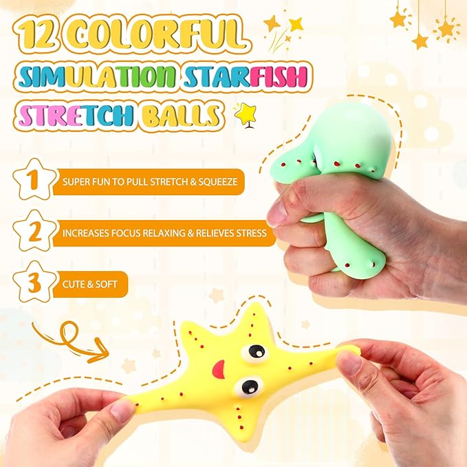 Meooeck 12 Pack Axolotl Stress Relief Toys Glitter Axolotl Starfish Stress Balls Fun Relaxing Squeeze Fidget Toys Relieve Anxiety Squeeze for Birthday Party Goodie Bag Stuffers(Starfish)