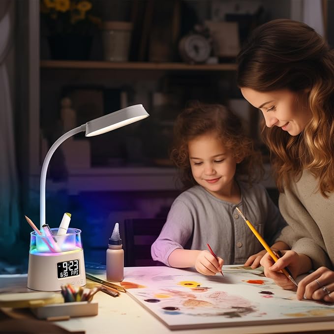 WILIT LED Desk Lamps for Home Office with Pen Holder, Table Lamp for Bedroom with USB Charging Port & Clock, RGB Night Light, Study Lamp for Kids Student, Desk Lamp for College Dorm Room Essentials