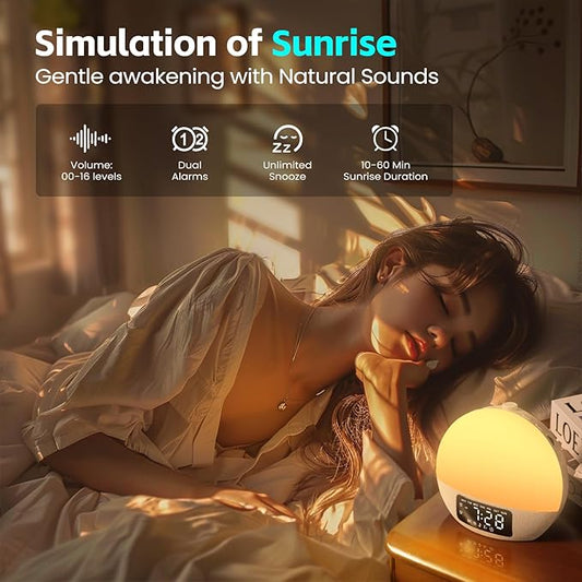 Sunrise Alarm Clock White Noise Sound Machine with 25 Soothing Sounds, 17 Night Lights, Bluetooth Speaker Wake Up Light Alarm Clock for Bedrooms, Heavy Sleepers, Baby, Kids