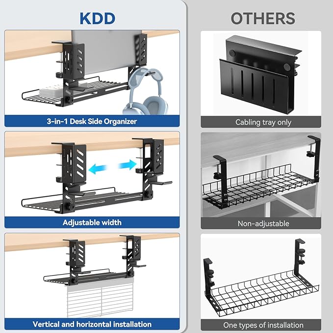 KDD 3-in-1 Laptop Stand Holder Storage, Adjustable Under Desk Cable Management Tray with Headphone Hanger and Cable Ties, No Drill Clamp on Desk Side Organizers Suitable for Laptop/Tablet/Headphone