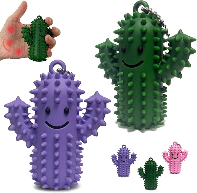 Pain Fidget Toys for Adults, Spiky Silicone Sensory Tool for Anxiety Relief - Acupressure Cactus for Deep Pressure Stimulation & Focus, Silent Portable Stress Keychain, Easy to Clean (Green+Purple)