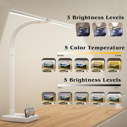 Led Desk Lamp for Home Office,24W Bright Eye-Caring Desk Light with Base,5 Brightness and 5 temperatures Dimmable Workbench Task Light, Adjustable Gooseneck Table Lamp for Monitor(White)
