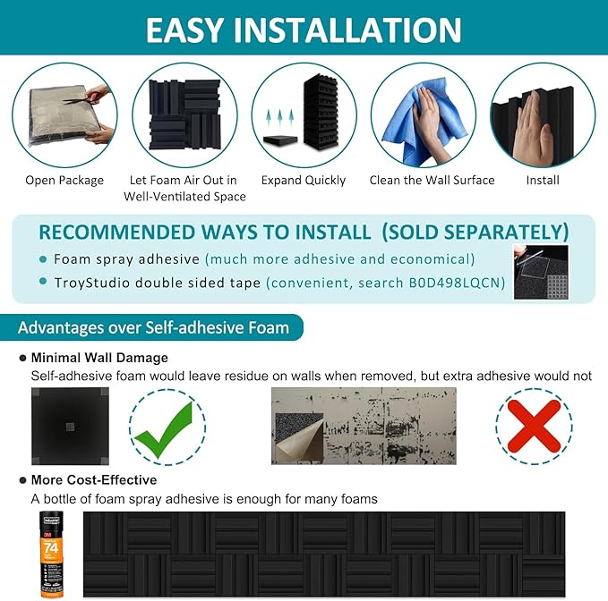 TroyStudio Thickened 12 X 12 X 3 Inch Acoustic Foam Panels in Diffusion Pattern, 4 Pcs High Density Sound Absorbing Foam Diffuser, Soundproof 3D Wall Padding Tiles for Recording Studio Home Office