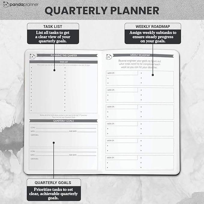 Panda Planner Undated Daily Planner - 90 Day Organization - Productivity For Entrepenuers - Set Goals - Bonus Weekly & Monthly Agenda - Grey - Hardcover