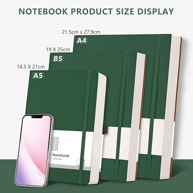 AHGXG Lined Journal Notebook - 320 Numbered Pages Thick Journal for Women A5 Notepad College Ruled, 100gsm Paper, Leather Hardcover, for Men Writing Work Office School, 5.75'' X 8.38''-Green