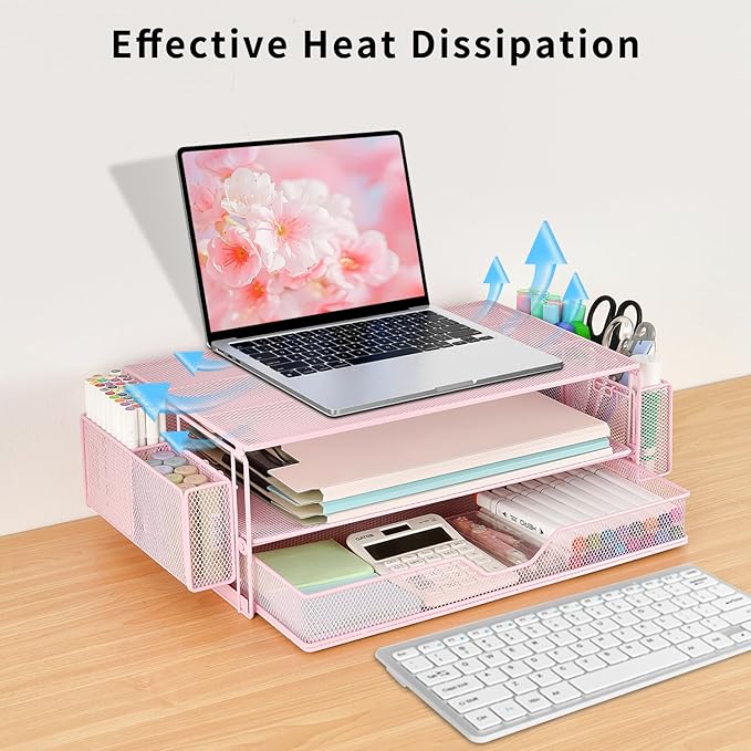 AUPSEN Computer Monitor Stands Riser,2-Tier Desk Organizers and Accessories, Office Desk Accessories Organizer with Drawers and 2 Pen Holder for Office Supplies (Pink)
