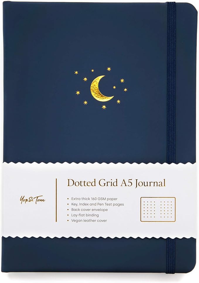 Yop & Tom Bullet Dotted Journal (A5) - Moon and Stars - Dot Grid Notebook With Extra Thick Paper (160 GSM) - Midnight Blue