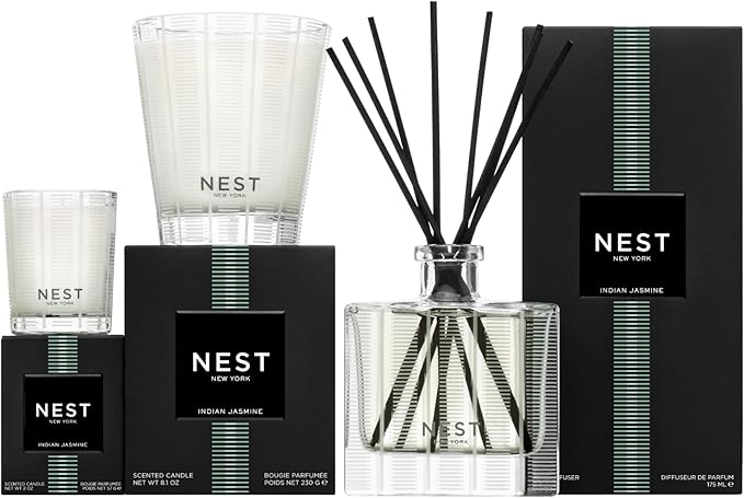 NEST New York Reed Diffuser, Indian Jasmine - 5.9 fl oz - Fragrance for Up to 90 Days - Reusable, Refillable Glass Holder - Includes 8 All-Natural Reed Sticks - Flame Free