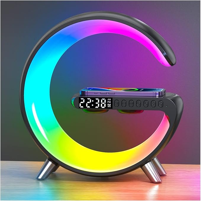 5-in-1 Smart Bedside Lamp with Bluetooth Speaker & APP Control, Wireless Charging Station, Sunrise Alarm Clock, RGB Mood Light, Ideal Gifts for Home, Office, Christmas (Black)