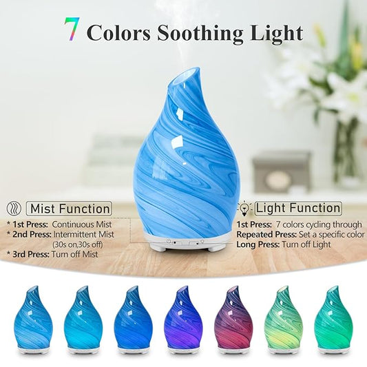 Essential Oil Diffuser Aromatherapy Diffuser- 120ml Art Glass Ultrasonic Cool Mist Scent Aroma Oil Diffuser with Auto Shut-Off Protection & 7 Colors Night Light for Home Office Decor&Gift (Blue)