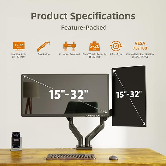 Claiks Dual Monitor Mount for 15-32 Screens, Ergonomic Gas Spring Monitor Arm for, Adjustable Computer Monitor Stand up to 40 lbs, with Clamp and Grommet Base, VESA Mounting Holes 75&100mm, Black
