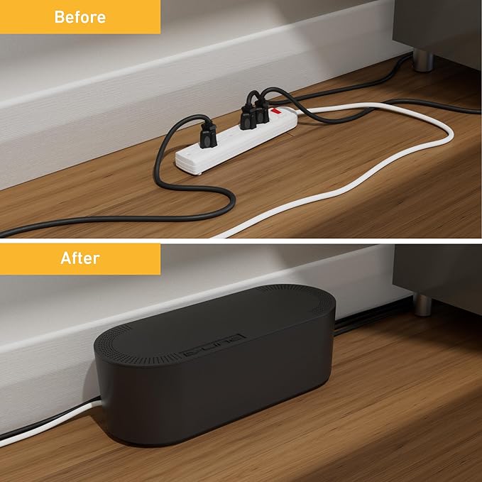 D-Line Cable Management Box, Power Strip Cover, Floor Outlet Hider, Desk Cord Organizer, Hide Extension Leads, 12.75" (L) x 5" (W) x 4.5" (H), for use with Power Strips up to 10.5in (L) - Small, Black
