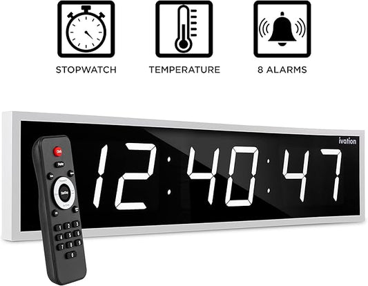 Ivation Huge Oversized 48" Large Digital LED Clock | Big Digital Clock w/Multi-Function Display – Stopwatch, Timer, Alarms, Temp & Date | 6 Brightness Levels, Time Memory & Remote (White)