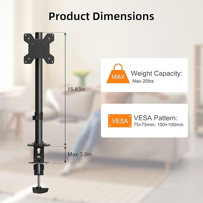 Pholiten Single Monitor Stand, Heavy Duty Adjustable Monitor Arm Desk Mount for 13-32Inch, Tilt, Swivel, Rotate, Support 22 lbs,Black