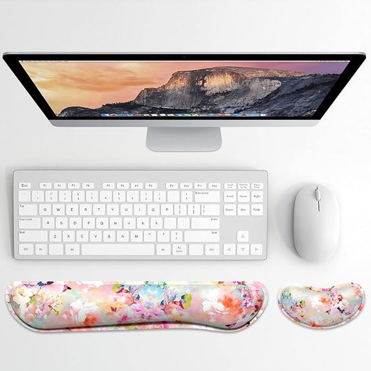 Dapesuom Enlarge Keyboard Wrist Rest, Memory Foam Wrist Cushion for Desk Mats Support, Cute Flower Pain Relief Keyboard Mouse Pad Rests Set with Non-Slip Base for Gaming Laptop Office, Peonies Floral