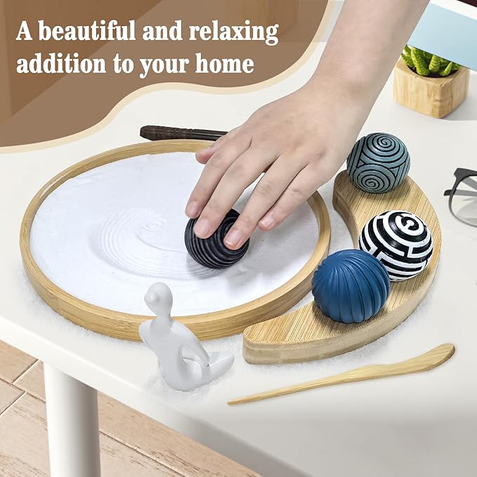 Zen Garden Kit for Desk - Premium Beautiful Japanese Mini Zen Sand Garden Box Gift Set for Home Decor, Office Desk with Large Round Bamboo Tray, White Sand, 4 Sand Spheres & Spheres Holder