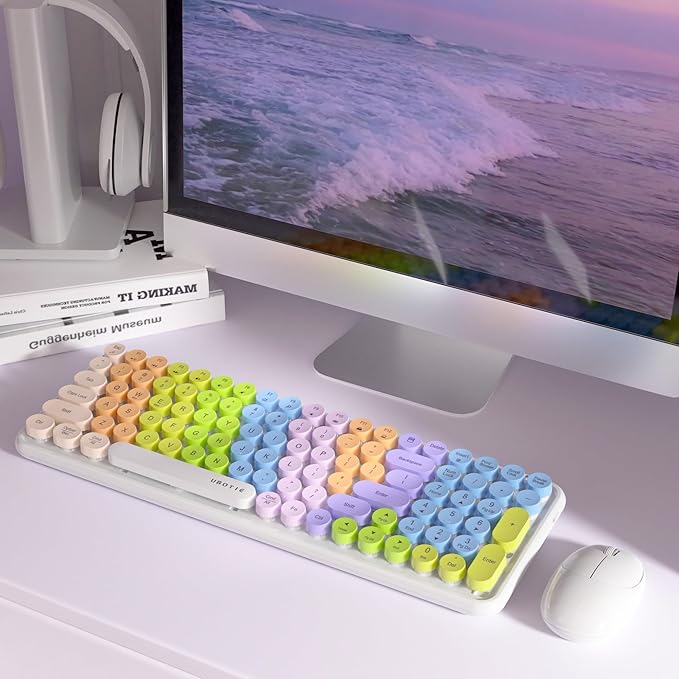 Wireless Keyboards and Mouse Combos, UBOTIE Colorful Gradient Rainbow Colored Retro Typewriter Flexible Keyboard, 2.4GHz Connection and Optical Mouse(White Colorful)