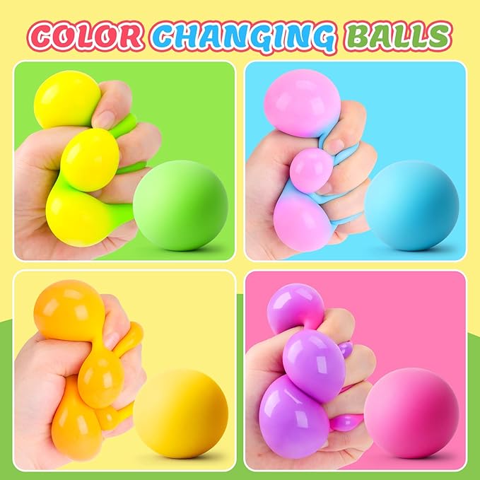 Stress Balls 4 Pack for Adults and Kids, Color Changing Squeeze Toys, Sensory Toys for Kids with Autism, Squishy Fidget Toys for Stress and Anxiety Relief, Prize for Classroom