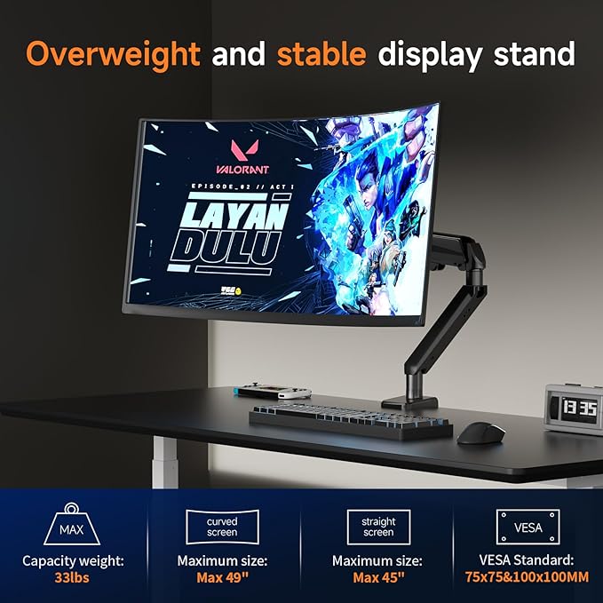 Pholiten Adjustable Rotating arm for Monitor Stand - Supports 1-33lbs Weight, Supports 45 inch Straight screen/49 inch Curved Screen, Compatible with VESA 75x75-100x100mm Desktop Monitor Mount