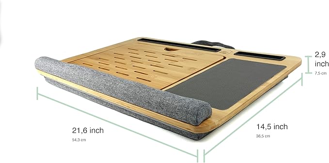 Bamboo Laptop Lap Desk with Cushion, Angle Adjustable Laptop Computer Stand Bed Desk, Portable Lap Desk w/Handles, Tablet & Phone Holder, Mouse Pad & Shields Heat (Grey)