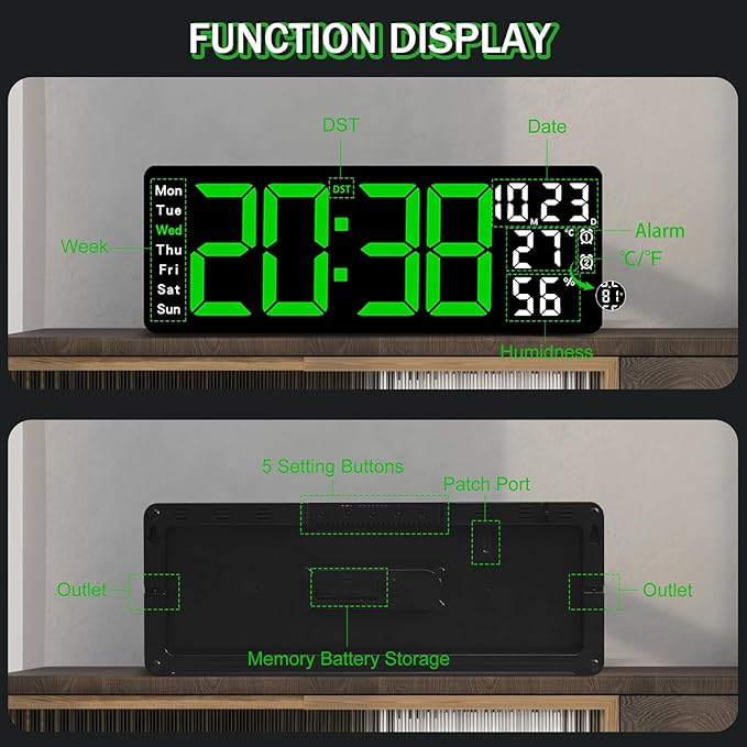 JoFomp 17.3" Large Digital Wall Clock, LED Digital Clock Large Display with Remote Control, Alarm Clock with Temp/DST/Dimmer/Humidity/Timer/Ambient Light - 12/24H, Alarm Wall Clock for Bedroom