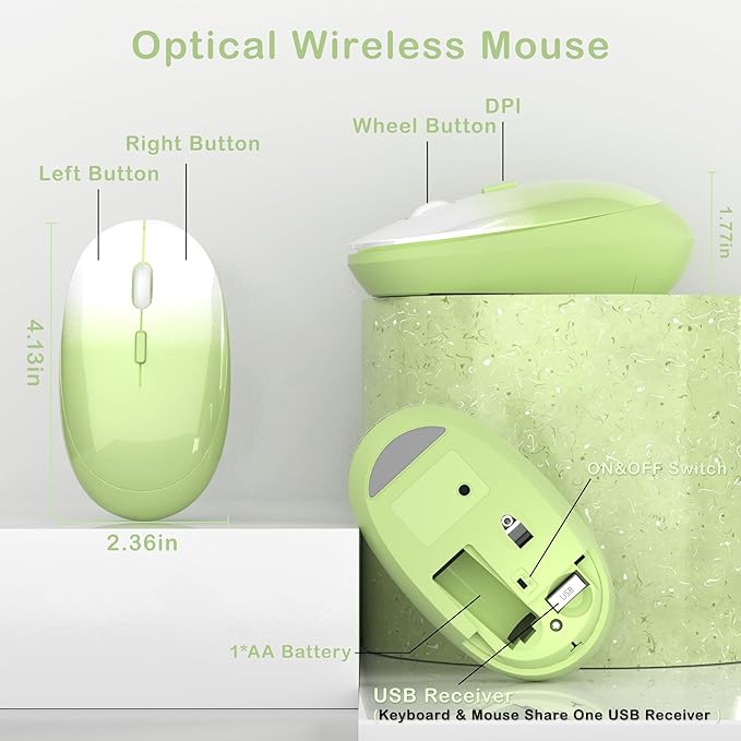 Colorful Wireless Keyboard and Mouse Combo, COVEVA 2.4GHz Wireless Retro Cute Round Keycaps Keyboard, 104 Keys Full-Sized Keyboard Mouse Set with Switch Button for PC Laptop Desktop (Green Gradient)