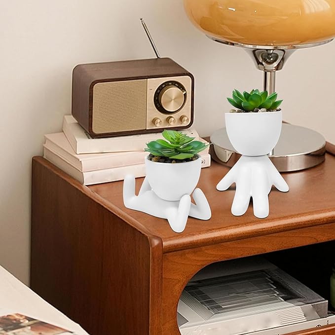 Zerzsy 2 PCS Small Fake Plants with Human-Shaped Pots Funny Room Decor Faux Plants Cute Desk Decor Fake Succulents Mini Plant Bathroom Decorations (Ceramic White)