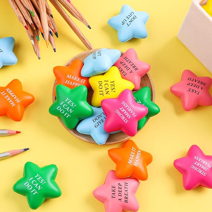 POPLAY 24PCS Inspirational Stress Relief Balls, 2inch Star Stress Balls Colorful Foam Squeeze Balls Motivational Stress Balls for Kids Adults Anxiety Fidget Sensory