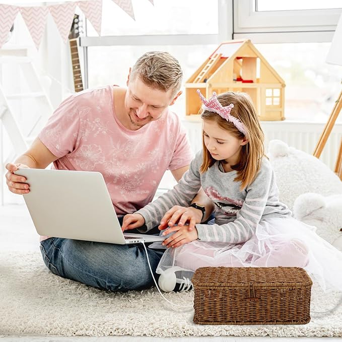 Cable Management Box, Desk Handwoven Rattan Cord Hider Organizer Box With Lid Button Lock, Power Strip Holder Decorative Box, Floor Cord Surge Protector Storage Box