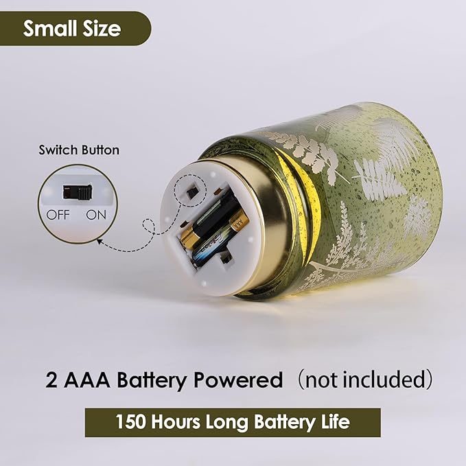 Eywamage Battery Operated Glass Table Lamp, Boho Green Ferns Leaves Mood Light with Remote, Cordless Bedside Accent Lamp Room Decor