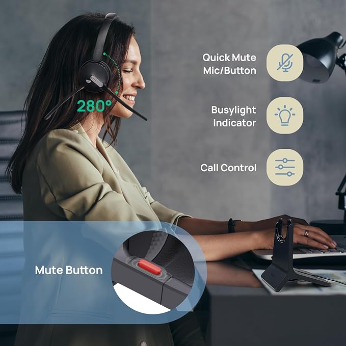 Yealink WH64 Hybrid Wireless Headset Dongle & Charging Stand, 492ft Range DECT&Bluetooth Headphones for Teams, Zoom UC,Single Ear Noise Cancelling Portable Headsets with 3X Mic, 26H Calls,(PC/Phone)