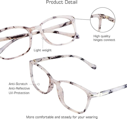 VisionGlobal Blue Light Blocking Glasses for Women, Anti Eyestrain, Computer Reading, TV Glasses, Stylish Square Frame, Anti Glare(Marble,+5.25 Magnification)