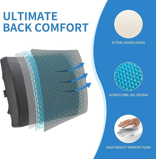 Lumbar Support Pillow - Gel Memory Foam Back Cushion for Lower Back Pain Relief & Improve Sitting Posture, Lumbar Support Cushion with Adjustable Strap & Non-Slip for Office Chair, Sofa, Car