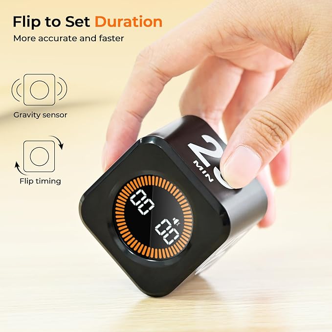EooCoo Pomodoro Timer Cube, Visual Focus Timer with Gravity, Countdown 5/10/25/50 Min, Adjustable Silent, Rechargeable Productivity Tool for Office, Kitchen, Gym, Yoga, Meditation, Classroom