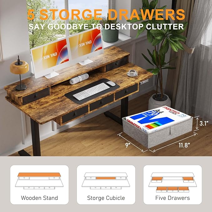 XINYAO Electric Standing Desk with 5 Drawers, 55x24 Inch Height Adjustable Sit Stand Up Desk with Storage Support 290lbs Ergonomic Rising Table with Wheels for Home Office