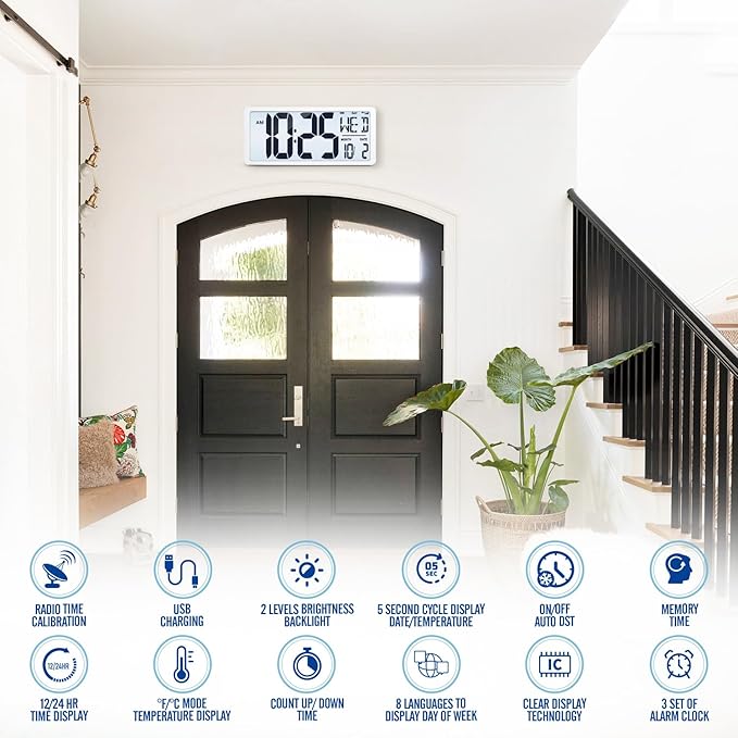 (6" Numbers) Display Built-in Rechargeable Power 18.44" Atomic Wall Clock -Night Display-Never Needs Setting!-Easy to Read Numbers-Never Need Replace Battery